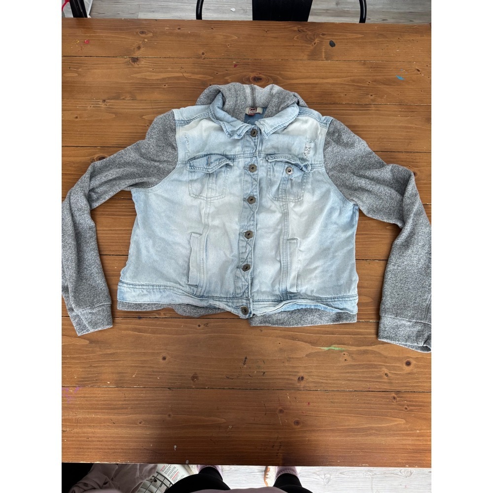 LEI Kids XL Denim Jacket Heather Gray Hooded Sweatshirt Sleeves LJ35412